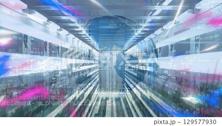 Showing data center corridor under LED lights, blinking server racks, code overlays and world map 129577930