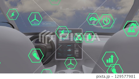 Image of icons and data processing over car interior Image of icons and data processing over car interior 129577981