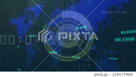 Image of scope scanning over data processing and world map Image of scope scanning over data processing and world map 129577999
