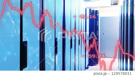 Image of financial data processing with graph over server room 129578031
