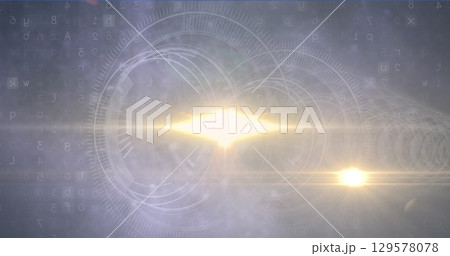 Radiating diamond light forming hologram on virtual plane, with HUD rings, code and flare streaks Radiating diamond light forming hologram on virtual plane, with HUD rings, code and flare streaks 129578078