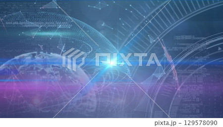 Image of pink and blue light trails over plexus networks and globe against blue background 129578090