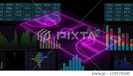 Image of computer graphic 3d neon soccer field over data, graphs, charts on digital interface 129578100