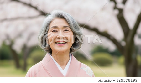 桜の中を歩く着物の女性 129578199