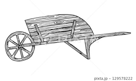 Wooden garden cart. Vector illustration of village transport. Simple black graphic, hand drawn in doodle style. Outline drawing of farm harvest transport. Rural horse cart for gardening and farming. 129578222