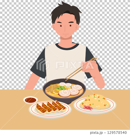 man enjoying ramen noodles with pork chashu gyoza dumplings and fried rice using chopsticks in a japanese restaurant setting 129578540