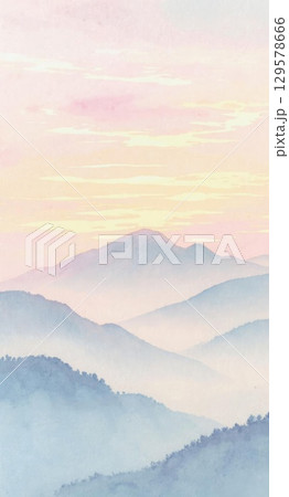 Soft sunrise or sunset over sea in watercolor painting style. Smartphone tablet mobile device background. Calming serene wonderful sky with pastel hues of light blue and pale pink gentle ocean waves. 129578666