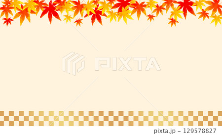 紅葉の葉と金色の格子柄の背景イラスト 129578827
