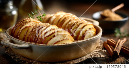 Sliced apples baked with thyme and brown sugar in ceramic baking dish 129578946