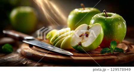 Sliced green apple on wooden cutting board with knife Sliced green apple on wooden cutting board with knife 129578949
