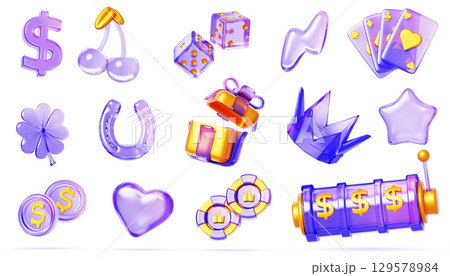 3d glass holographic casino icon set. Neon poker game chips, playing cards, dice, slot machine, cherry, horseshoe, clover, crown, gold gift box, dollar coins, heart, star, lightning. 3D illustration 3d glass holographic casino icon set. Neon poker game chips, playing cards, dice, slot machine, cherry, horseshoe, clover, crown, gold gift box, dollar coins, heart, star, lightning. 3D illustration 129578984