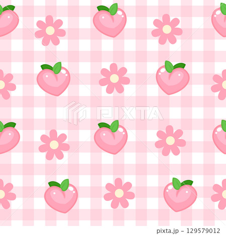 Cute pink checkered peach and flower seamless pattern Cute pink checkered peach and flower seamless pattern 129579012