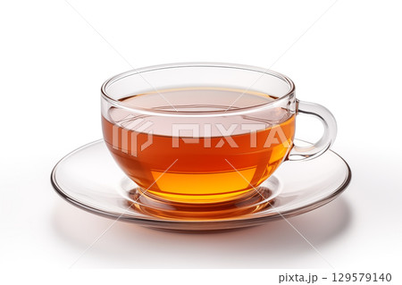 Cup of tea. Glass cup of hot aromatic tea on white background 129579140