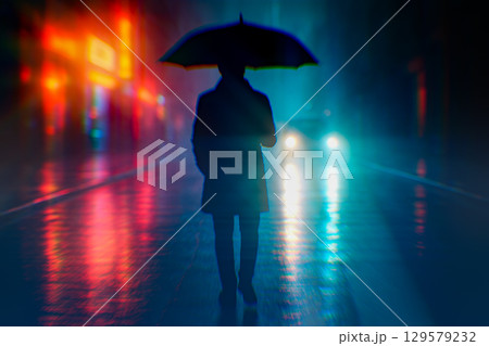 Man Walking in a Cyberpunk Rainy City. Silhouette of man with umbrella on wet street in futuristic cyberpunk city with glowing neon lights and car headlights Man Walking in a Cyberpunk Rainy City. Silhouette of man with umbrella on wet street in futuristic cyberpunk city with glowing neon lights and car headlights 129579232
