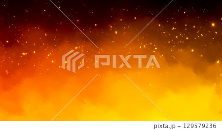 Fiery background with burning embers and sparks flying up, abstract hot blaze illustration, inferno concept with smoke, glowing particles on dark. 129579236