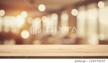 Sunny Morning theme. Bright wooden table with sunlight flare on blurred background of fresh kitchen or cafe interior for lifestyle product display Sunny Morning theme. Bright wooden table with sunlight flare on blurred background of fresh kitchen or cafe interior for lifestyle product display 129579247