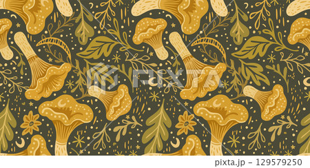 Vector seamless pattern with chanterelles and leaves on dark background. Autumn print in boho style Vector seamless pattern with chanterelles and leaves on dark background. Autumn print in boho style 129579250