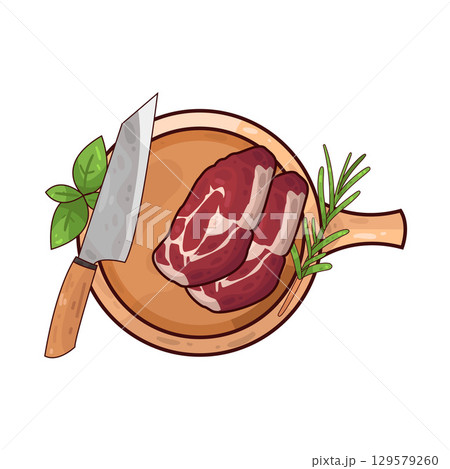 illustration of meat on a wooden cutting board alongside a knife and herbs illustration of meat on a wooden cutting board alongside a knife and herbs 129579260