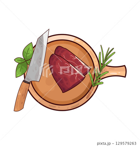 illustration of meat on a wooden cutting board alongside a knife and herbs illustration of meat on a wooden cutting board alongside a knife and herbs 129579263