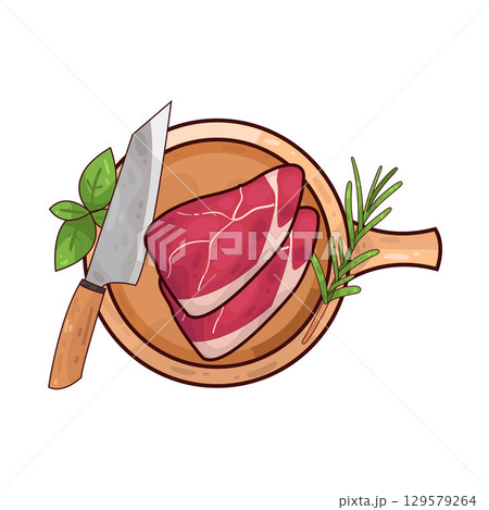 illustration of meat on a wooden cutting board alongside a knife and herbs illustration of meat on a wooden cutting board alongside a knife and herbs 129579264