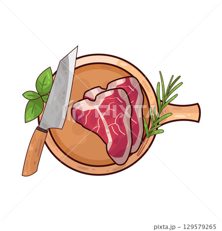 illustration of meat on a wooden cutting board alongside a knife and herbs 129579265