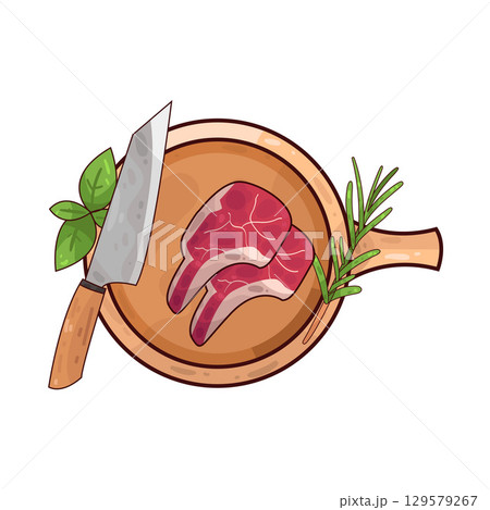 illustration of meat on a wooden cutting board alongside a knife and herbs illustration of meat on a wooden cutting board alongside a knife and herbs 129579267