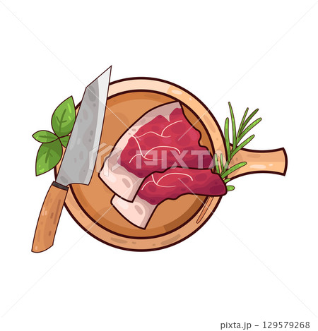 illustration of meat on a wooden cutting board alongside a knife and herbs illustration of meat on a wooden cutting board alongside a knife and herbs 129579268