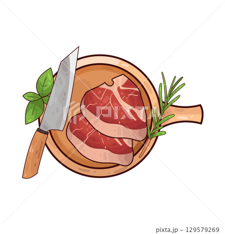illustration of meat on a wooden cutting board alongside a knife and herbs illustration of meat on a wooden cutting board alongside a knife and herbs 129579269