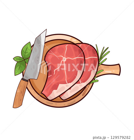 illustration of meat on a wooden cutting board alongside a knife and herbs illustration of meat on a wooden cutting board alongside a knife and herbs 129579282