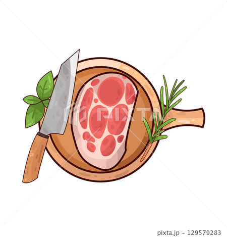 illustration of meat on a wooden cutting board alongside a knife and herbs illustration of meat on a wooden cutting board alongside a knife and herbs 129579283