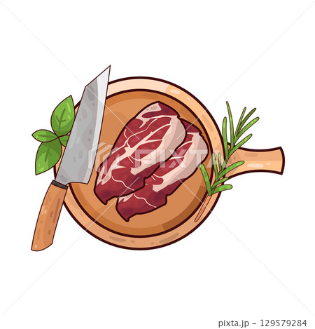 illustration of meat on a wooden cutting board alongside a knife and herbs illustration of meat on a wooden cutting board alongside a knife and herbs 129579284