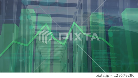 Image of digital trading board and green bar graphs over the server room 129579290