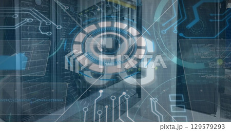 Image of lines rotating and creating circle with 5g text, moving lines over server room 129579293