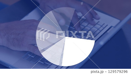Image of pie chart rotating over coffee cup and cropped hands of caucasian man using laptop 129579296