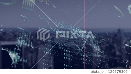 Image of world map, digital screen with data and cityscape 129579303