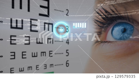 Image of data processing over eye of caucasian woman 129579335