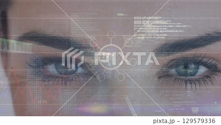 Image of globe with connections and data over eyes of caucasian woman 129579336