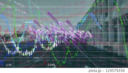 Image of financial graphs and globe over building 129579356
