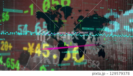 Image of digital screen with world map, financial data and graphs 129579378