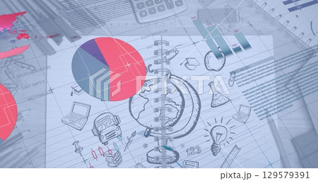 Image of infographic interface over book with doodles and stationery on table 129579391