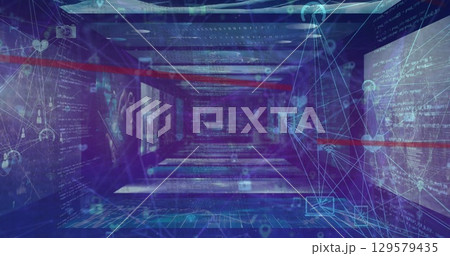 Image of digital screens with data processing and connections on navy background Image of digital screens with data processing and connections on navy background 129579435