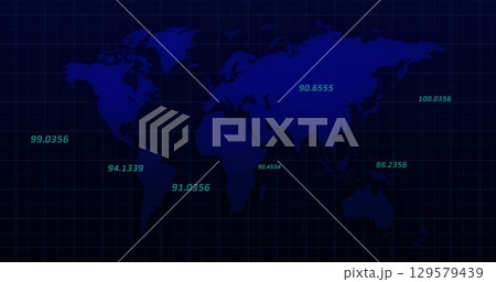 Image of numbers floating over blue world map against grid pattern 129579439