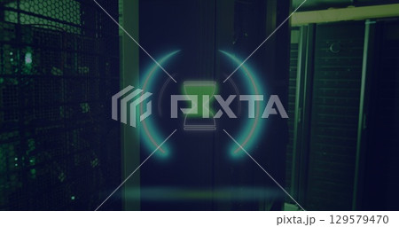 Image of neon circle with hourglass over servers Image of neon circle with hourglass over servers 129579470