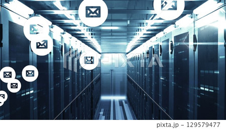 Image of email icons over computer servers Image of email icons over computer servers 129579477