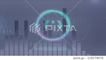 Image of circle with power button over digital screen with financial graphs 129579478