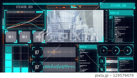 Image of data processing over cityscape and screens 129579479