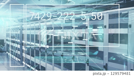Image of numbers and data processing on screen over computer servers 129579481