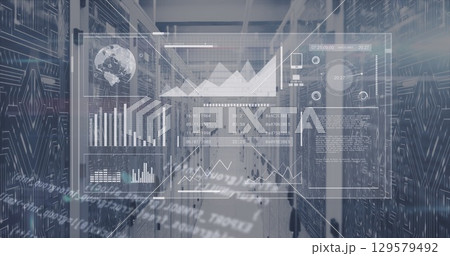 Image of digital screen with and data processing over servers 129579492