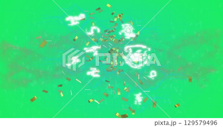 Image of golden confetti falling over digital icons against digital wave on green background Image of golden confetti falling over digital icons against digital wave on green background 129579496