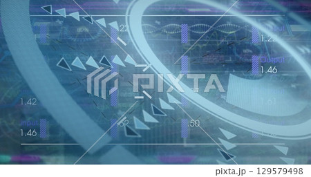 Image of processing circle, radar and financial data on digital screen Image of processing circle, radar and financial data on digital screen 129579498